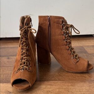 Brown Lace-Up Peep Toe Ankle Boots